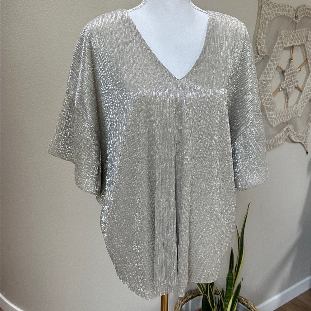 Anthropologie Vanessa Virginia metallic silver v neck flutter sleeve top - Picture 2 of 10